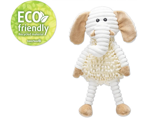 Peluche pour chien en forme d''éléphant beige et blanc, fabriquée à partir de matériaux recyclés