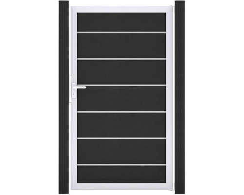 Portillon simple GroJa Flex Grande Premium tirant universel prémonté sans poteaux cadre argent 150 x 180 cm anthracite Portillon de jardin avec des rayures horizontales et une poignée