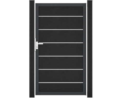 Portillon simple GroJa Flex Grande Premium tirant universel prémonté sans poteaux cadre anthracite 150 x 180 cm anthracite Portillon de jardin avec poignée et bandes horizontales