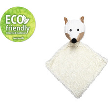 Doudou beige avec tête de renard et label Eco Friendly.