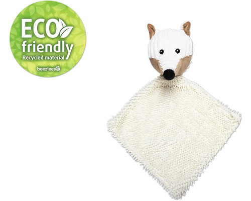 Doudou beige avec tête de renard et label Eco Friendly.