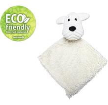 Doudou beige avec tête de chien et label Eco Friendly.