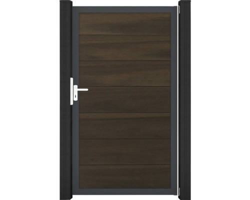 Portillon simple GroJa Flex Grande tirant universel prémonté sans poteaux cadre anthracite 150 x 180 cm noyer Portail de jardin avec poignée et revêtement en bois horizontal
