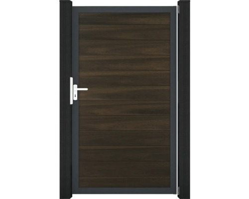 Portillon simple GroJa Flex tirant universel prémonté sans poteaux cadre anthracite 150 x 180 cm noyer Portail de jardin en bois avec cadre métallique et poignée