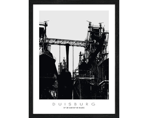 Gerahmtes Bild Duisburg Landschaftspark schwarz weiß 33x43 cm Gerahmtes Poster mit der Silhouette eines Industrieparks und dem Schriftzug Duisburg