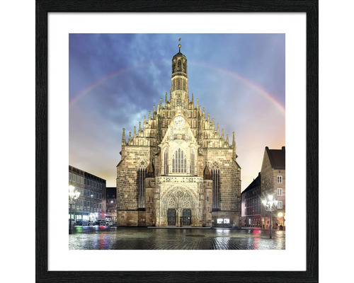 Tableau encadré Nuremberg Frauenkirche arc-en-ciel 33x33 cm Image encadrée de la Frauenkirche de Nuremberg avec un arc-en-ciel