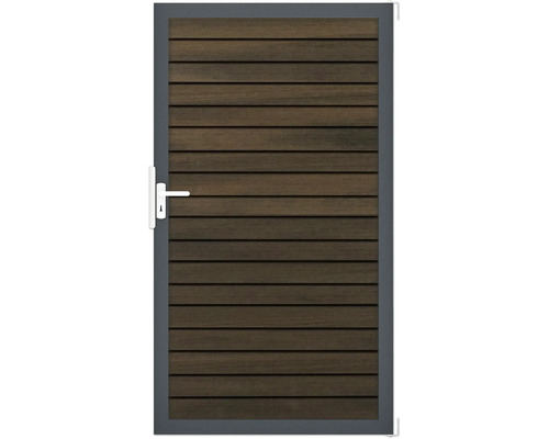 Portillon simple GroJa Rhombus tirant universel prémonté sans poteaux cadre anthracite 150 x 180 cm noyer co-extrudé Portillon de jardin en bois avec cadre métallique