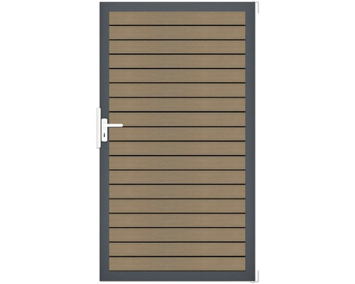 Portillon simple GroJa Rhombus tirant universel prémonté sans poteaux cadre anthracite 150 x 180 cm teck co-extrudé Portillon de jardin en bois avec poignée