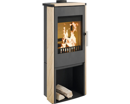 Poêle Haas & Sohn Montegrotto Woodstone pierre naturelle beige 6 kW avec compartiment à bois