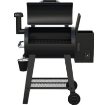 Schwarzer Pelletgrill mit offenem Deckel und Rädern