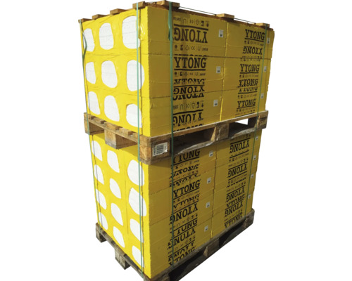 Palette mit Ytong Porenbetonsteinen, verpackt in gelber Folie