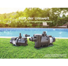 Zwei schwarze Poolpumpen auf Rasen vor einem Pool, die bis zu 16 Prozent Energie sparen.