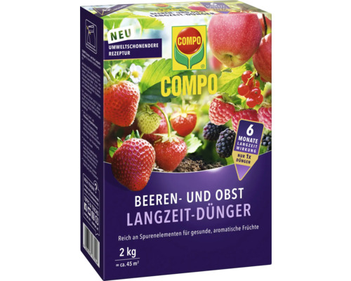 Engrais longue durée Compo pour fruits rouges et fruits, emballage de 2 kg avec des images de fraises, framboises, groseilles, mûres et pommes