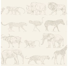 Tapete mit Tiermotiven, darunter Elefant, Löwe, Zebra, Giraffe, Nashorn, Tiger, Strauß, Gepard, Büffel und Affe