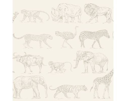 Papier peint intissé 104894 Kids@Home Safari crème Papier peint avec des motifs d''animaux, y compris éléphant, lion, zèbre, girafe, rhinocéros, tigre, autruche, guépard, buffle et singe