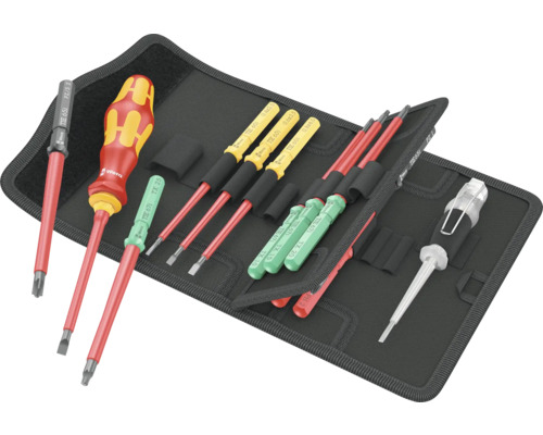 Jeu de tournevis Wera avec testeur de tension dans une sacoche noire