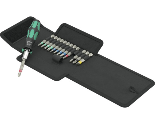 Werkzeugsatz mit Schraubendreher und Bits in einer schwarzen Tasche