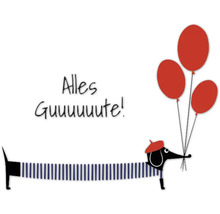 Illustration avec le texte Alles Guuuuute !, un teckel avec un béret et des ballons
