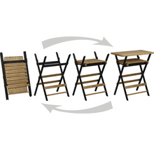Représentation par étapes d''une table de jardin pliante avec des plateaux en bois et un cadre noir.