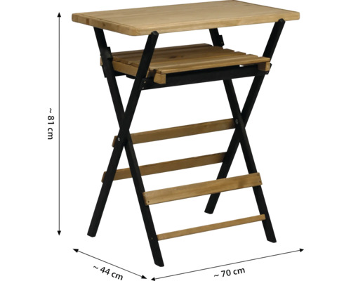 Table pliante en bois avec structure noire, environ 81 cm de haut, environ 44 cm de large et environ 70 cm de profondeur.