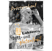 Illustrierte Geburtstagskarte mit Frau, Glas und dem Text Laktose-, fett- und glutenfrei. Happy Birthday!