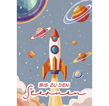 Illustration einer Rakete mit Planeten und dem Schriftzug Bis zu den Sternen.