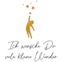 Illustration d''une personne qui tend la main vers des étoiles, avec le texte Je te souhaite beaucoup de petits miracles