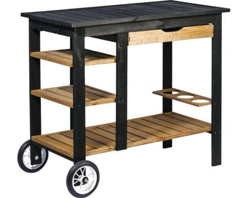 Table de grillade en bois avec tiroir, étagères et roulettes