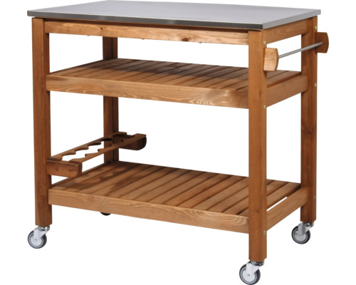 Chariot de service en bois avec plateau en acier inoxydable et roulettes