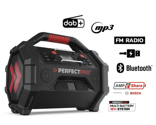 Radio de chantier Perfectpro avec DAB Plus, MP3, radio FM, USB, Bluetooth et technologie Amp Share