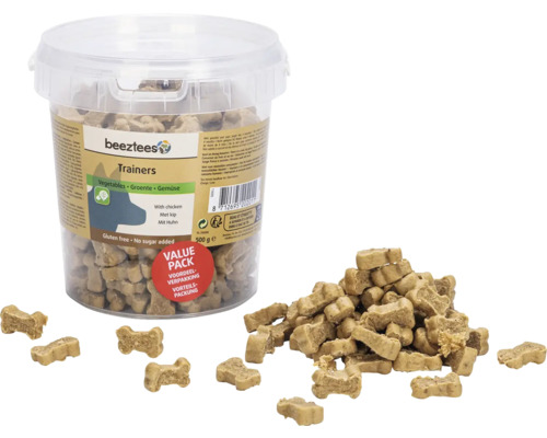 Beeztees Trainers friandises pour chiens dans un récipient avec des légumes et du poulet