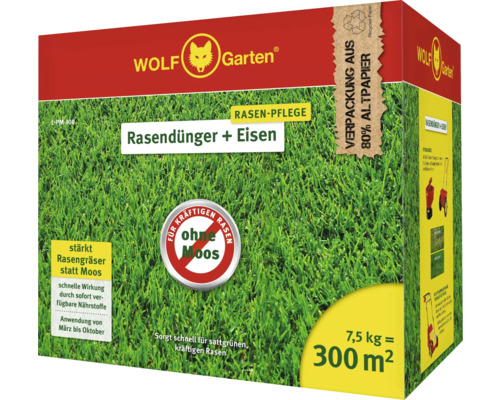 Engrais pour gazon au fer WOLF-Garten 7,5 kg / 300 m² Wolf Garten Engrais pour gazon avec fer, paquet de 7,5 kilogrammes pour l''entretien du gazon