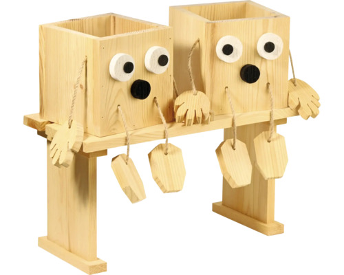 Dekoratives Holzregal mit zwei Pflanzkästen im Comicdesign