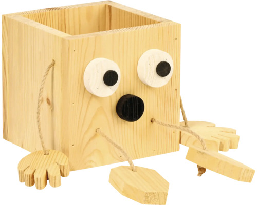 Holz Pflanzgefäß mit Gesicht und Gliedmaßen aus Seil und Holz