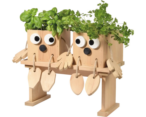 Kreatives Kräuterbeet mit Basilikum und Petersilie in Holzpflanzgefäßen auf einem Holzregal