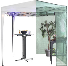 Deux pavillons, une tente de réception avec une table haute et une serre.