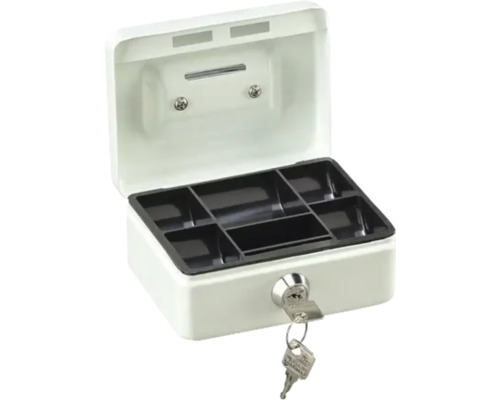 Geöffnete Geldkassette mit Schlüssel und Fächereinteilung