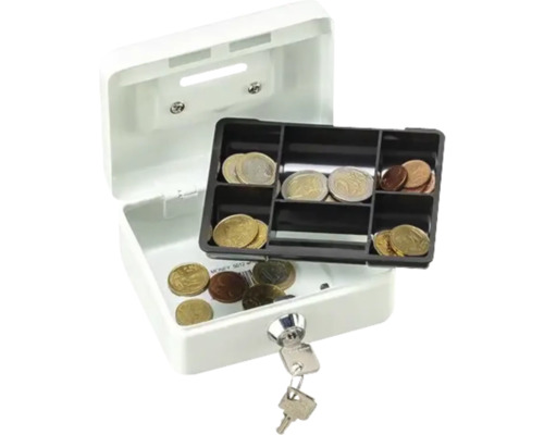 Geöffneter, weisser Geldeinsatz mit Münzen und Schlüssel