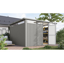 Abri de jardin en métal avec porte ouverte et étagères