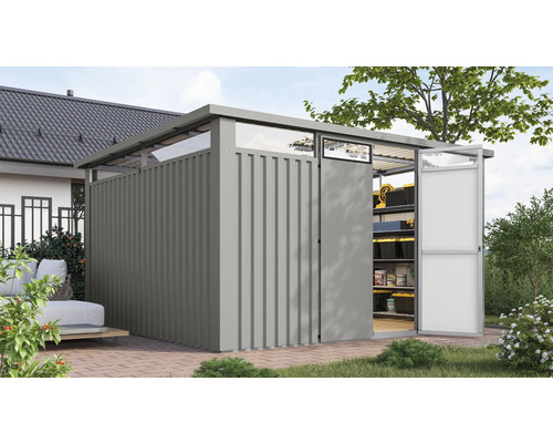 Abri de jardin en métal avec porte ouverte et étagères