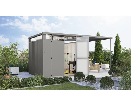 Scène de jardin avec abri de jardin et terrasse au design moderne.