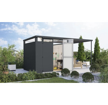 Gartenschrank mit geöffneter Tür und angrenzendem Unterstand in einem Garten.