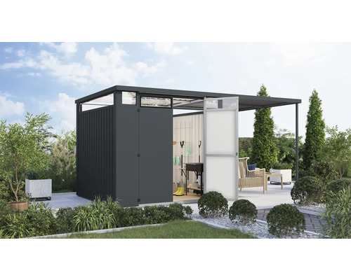 Abri de jardin Karibu Nosten 2 avec extension de toit 2,25 m 452,5 x 234,5 cm anthracite Armoire de jardin avec porte ouverte et abri adjacent dans un jardin.