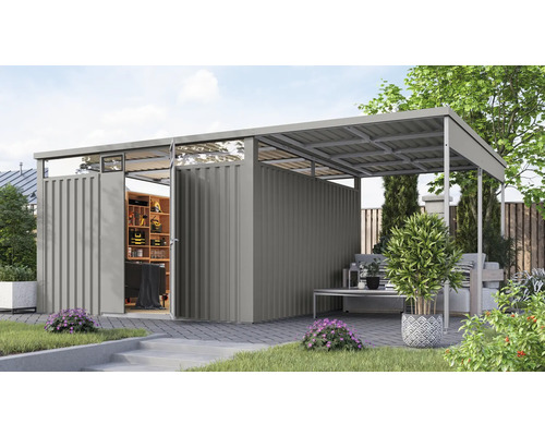 Abri de jardin métallique avec un espace ouvert pour les meubles de jardin et les outils