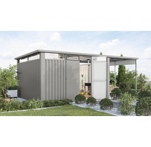 Armoire de jardin avec portes coulissantes et plantations environnantes