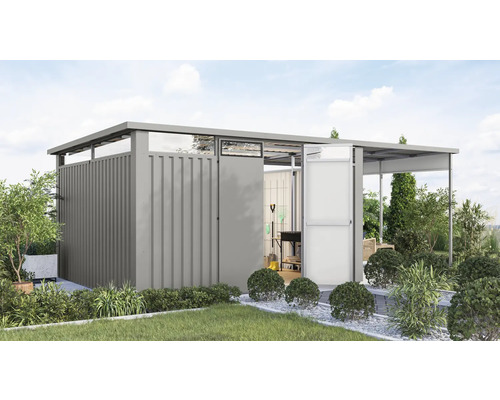 Armoire de jardin avec portes coulissantes et plantations environnantes