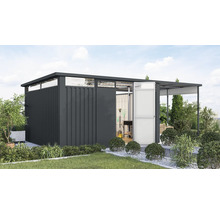 Moderne Gartenlaube mit Schiebetür und Flachdach umgeben von Grünpflanzen