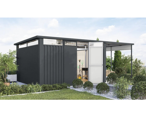 Gartenhaus Karibu Nosten 4 inkl. Anbaudach 2,25 m 614,5 x 355 cm anthrazit Moderne Gartenlaube mit Schiebetür und Flachdach umgeben von Grünpflanzen