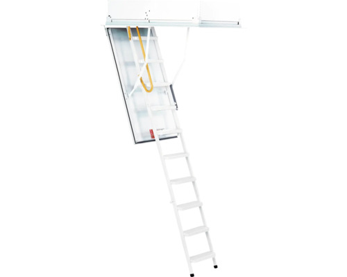 Escalier de grenier blanc déplié avec main courante.