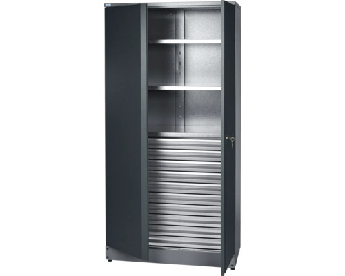 Materialschrank Küpper 910 x 1800 x 450 mm 10 Schubladen 3 Einlegeböden 2 Türen grau Geöffneter Flügeltürenschrank mit Einlegeböden und Rollladen